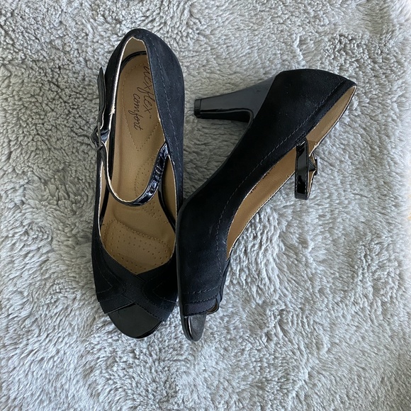 Dexflex Comfort Open Toe Black Tan High Heels - Picture 2 of 14